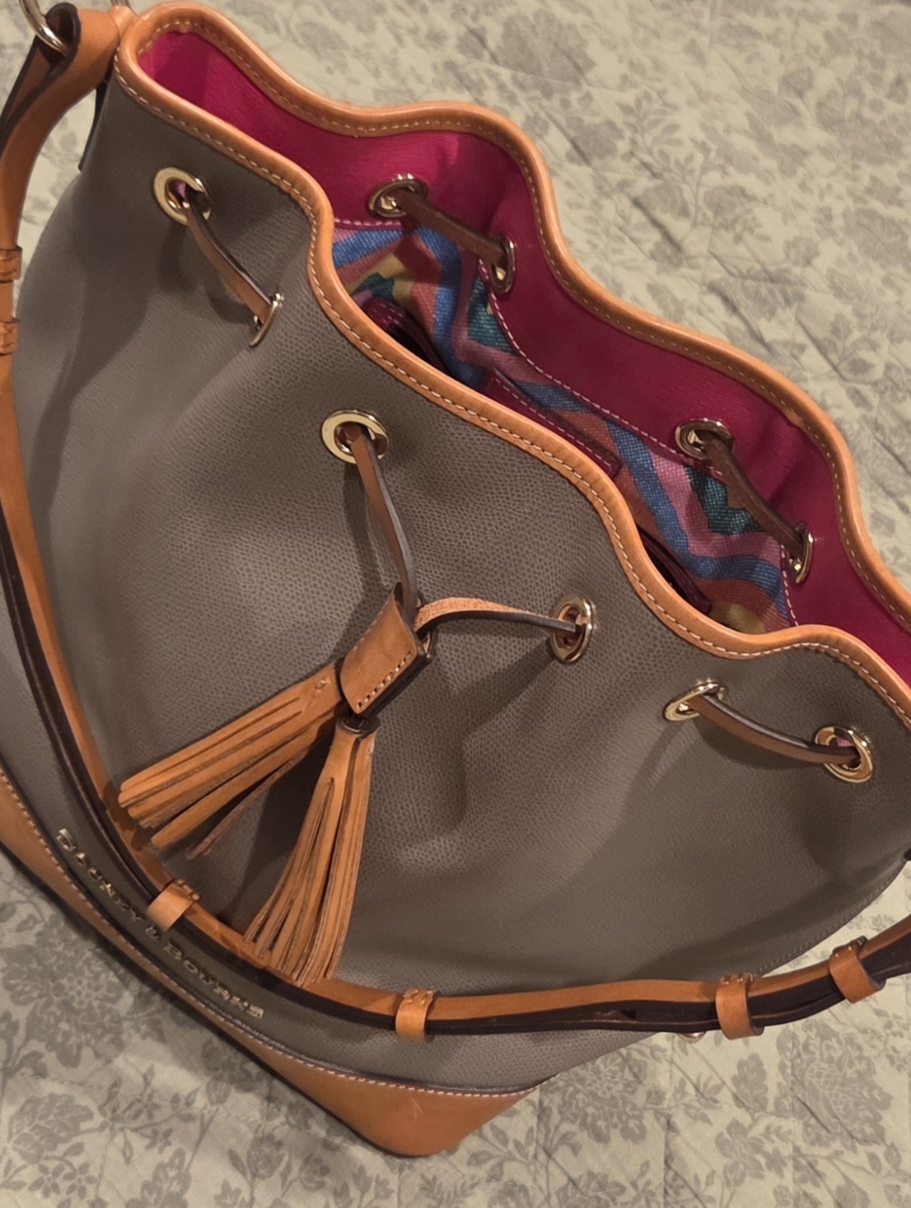 Dooney & Bourke Claremont Taupe with Tan Leather Trim Large Drawstring Bag